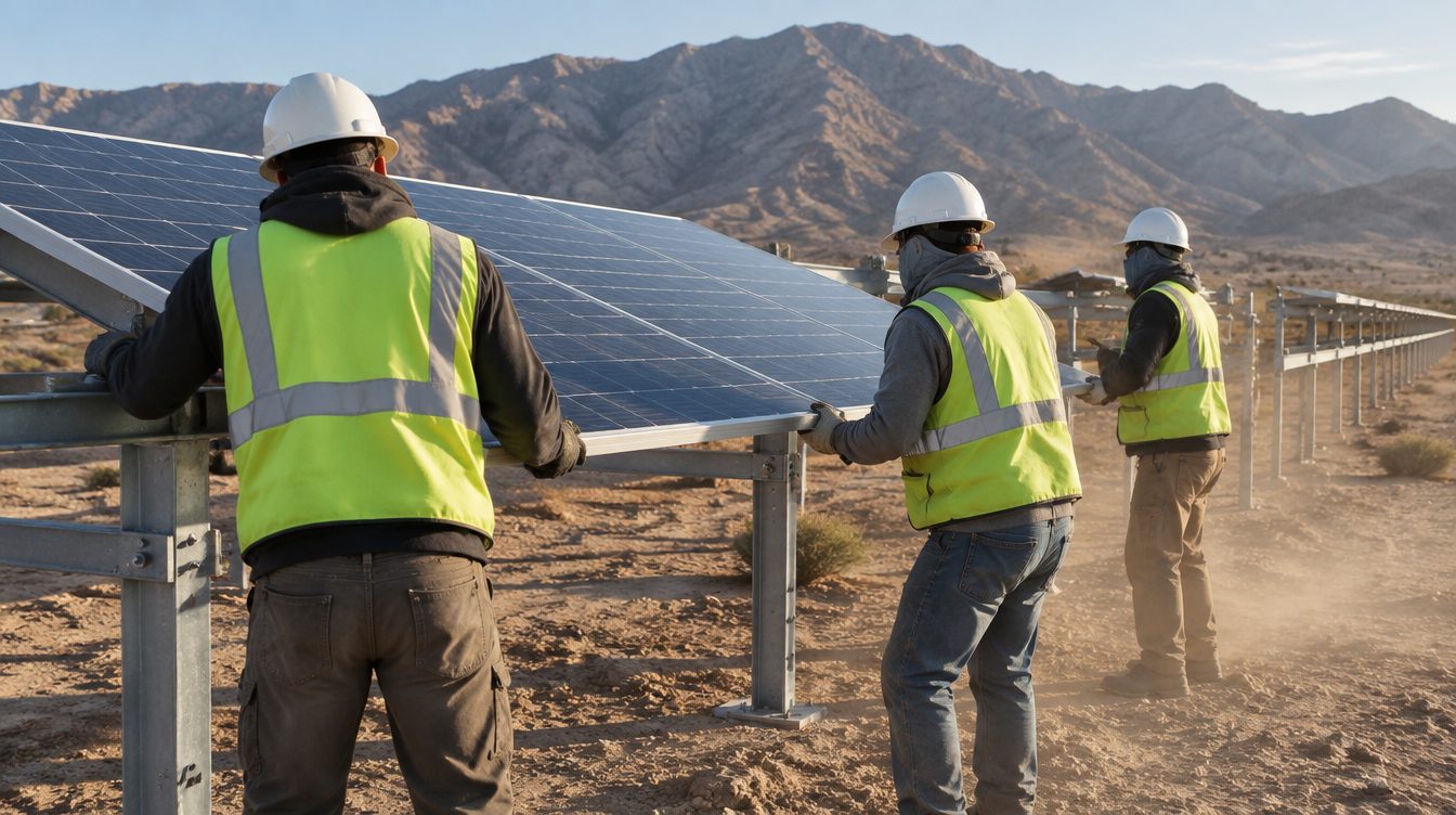 A crew setting a solar panel on its racking